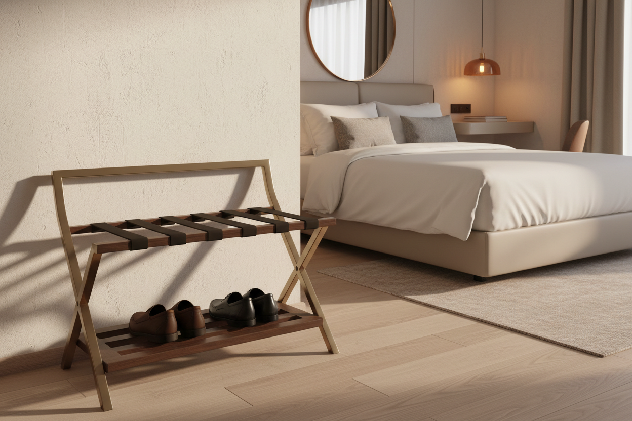 Rack reposa maletas con zapatera para hotel